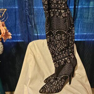 Black Lace, Over the Knee Black High Heel Boots.